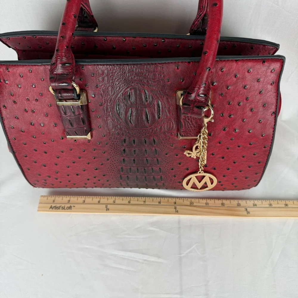 Mia K Farrow Red Ostrich Crocodile Embossed Satchel Handbag Gold Hardware